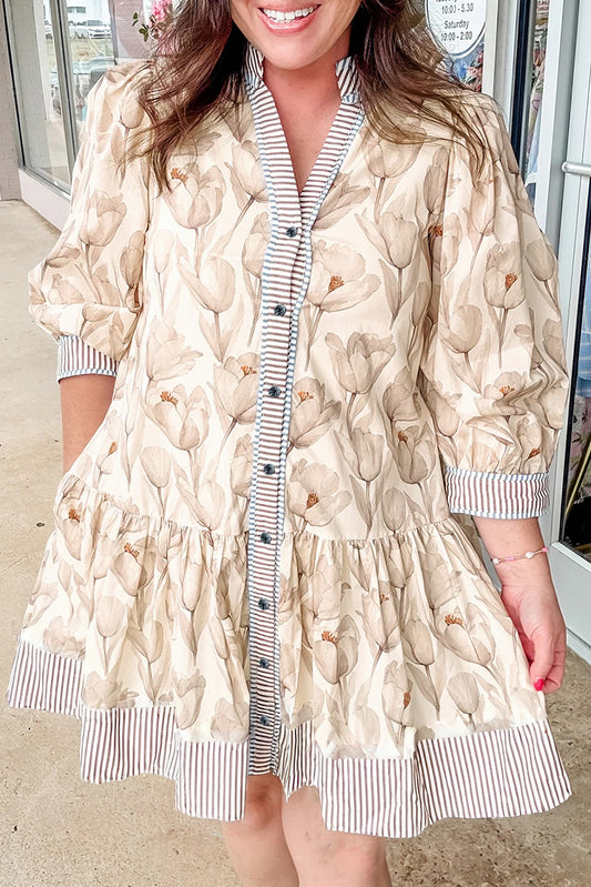Khaki Plus Size Floral Print Striped Trim Patchwork Button Down A-line Dress