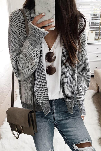 Grey Plaid Contrast Trim Open Front Cardigan - L & M Kee, LLC