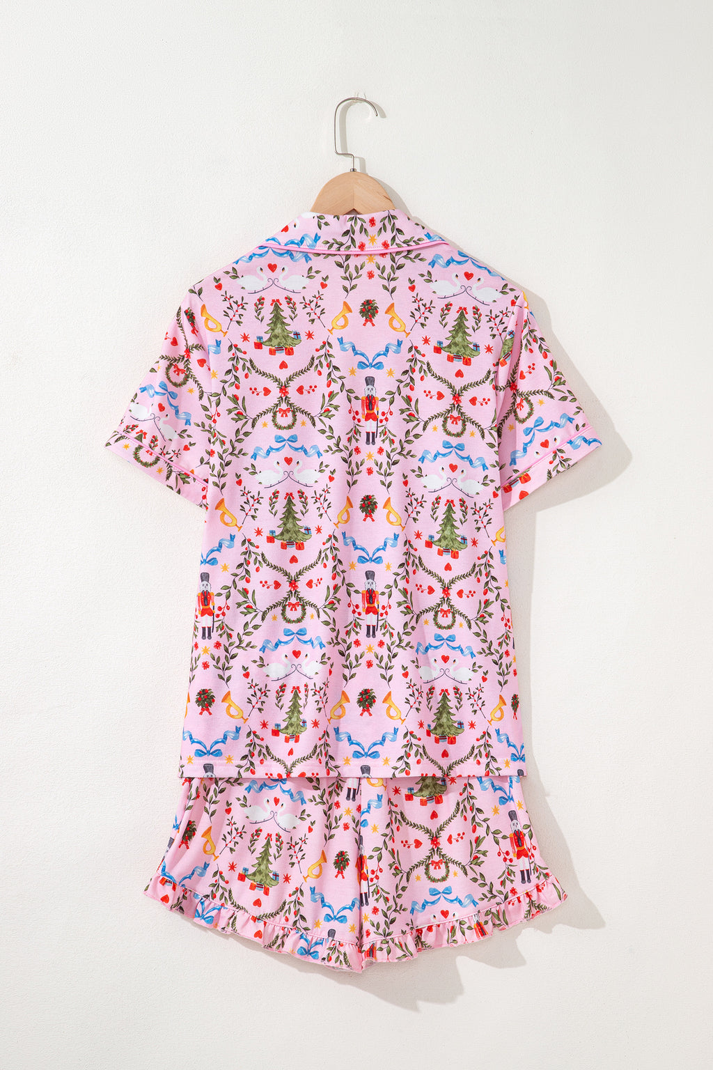 Pink Nutcracker Doll Christmas Print Ribbon Tie Waist Short 2pcs Pajama Set