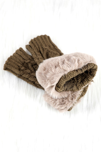 Camel Faux Fur Detail Fingerless Textured Knitted Gloves