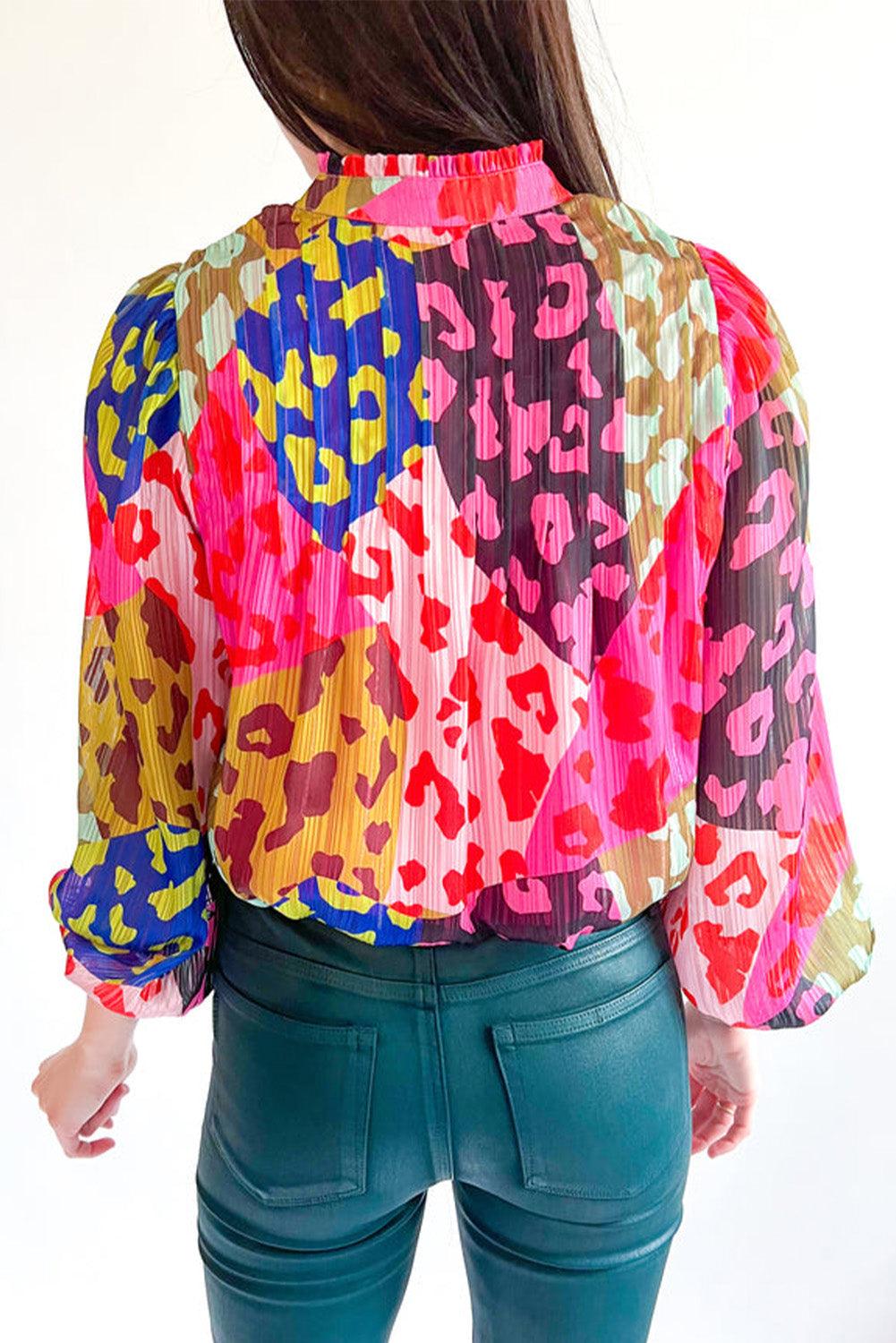 Rose Leopard Patchwork Print Pleated Blouse - L & M Kee, LLC