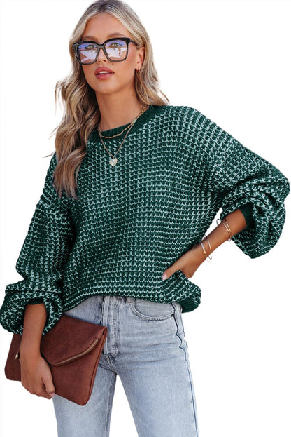 Green Heathered Knit Drop Shoulder Puff Sleeve Sweater - L & M Kee, LLC