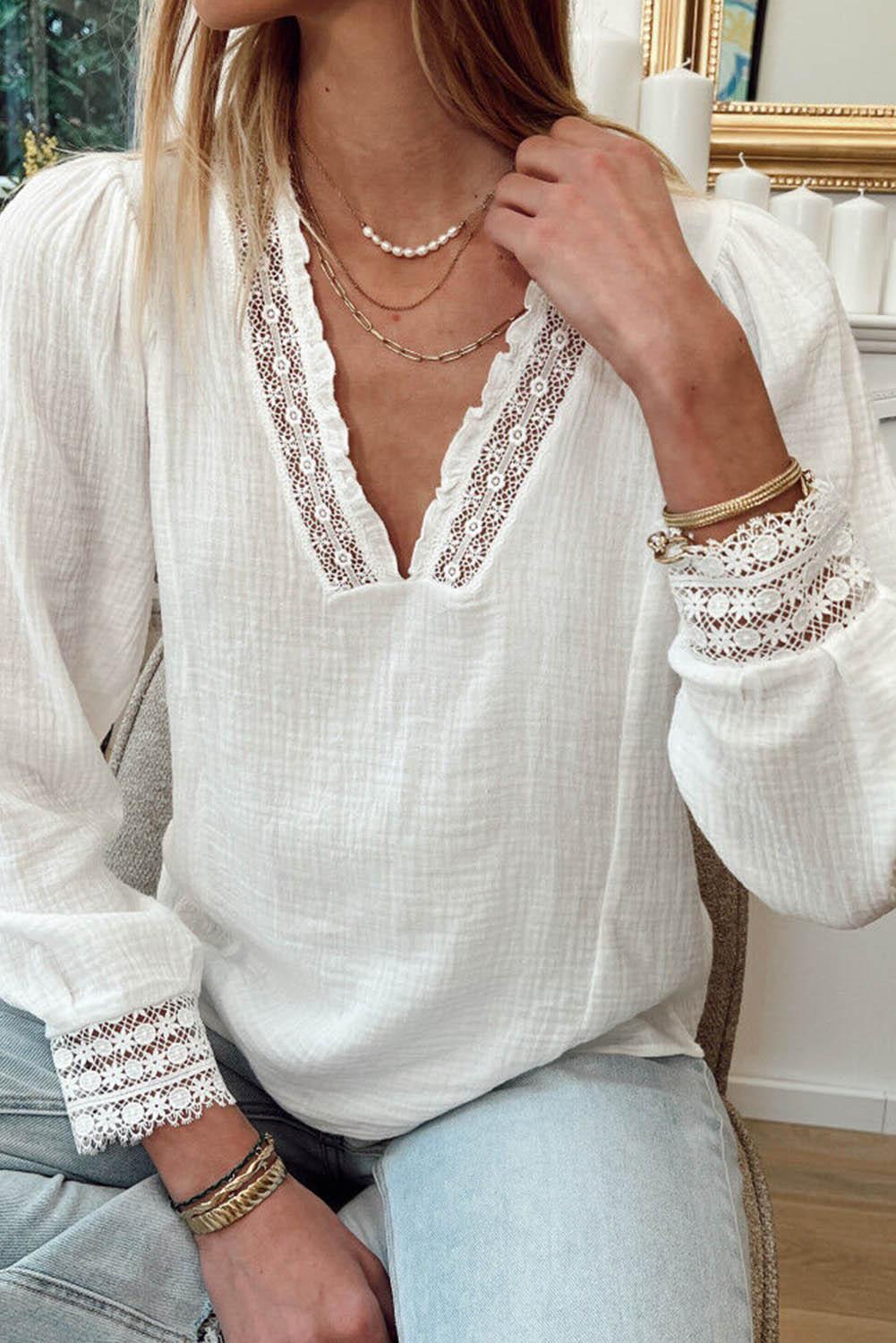 White Lace Patchwork Textured Blouse - L & M Kee, LLC