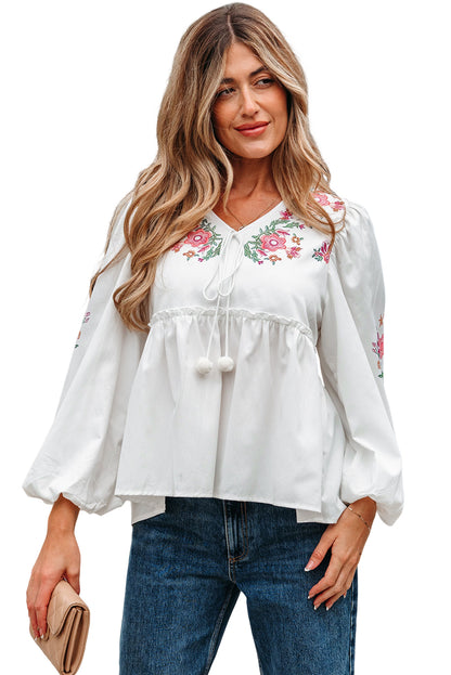 White Flower Lace-up V Neck Babydoll Blouse