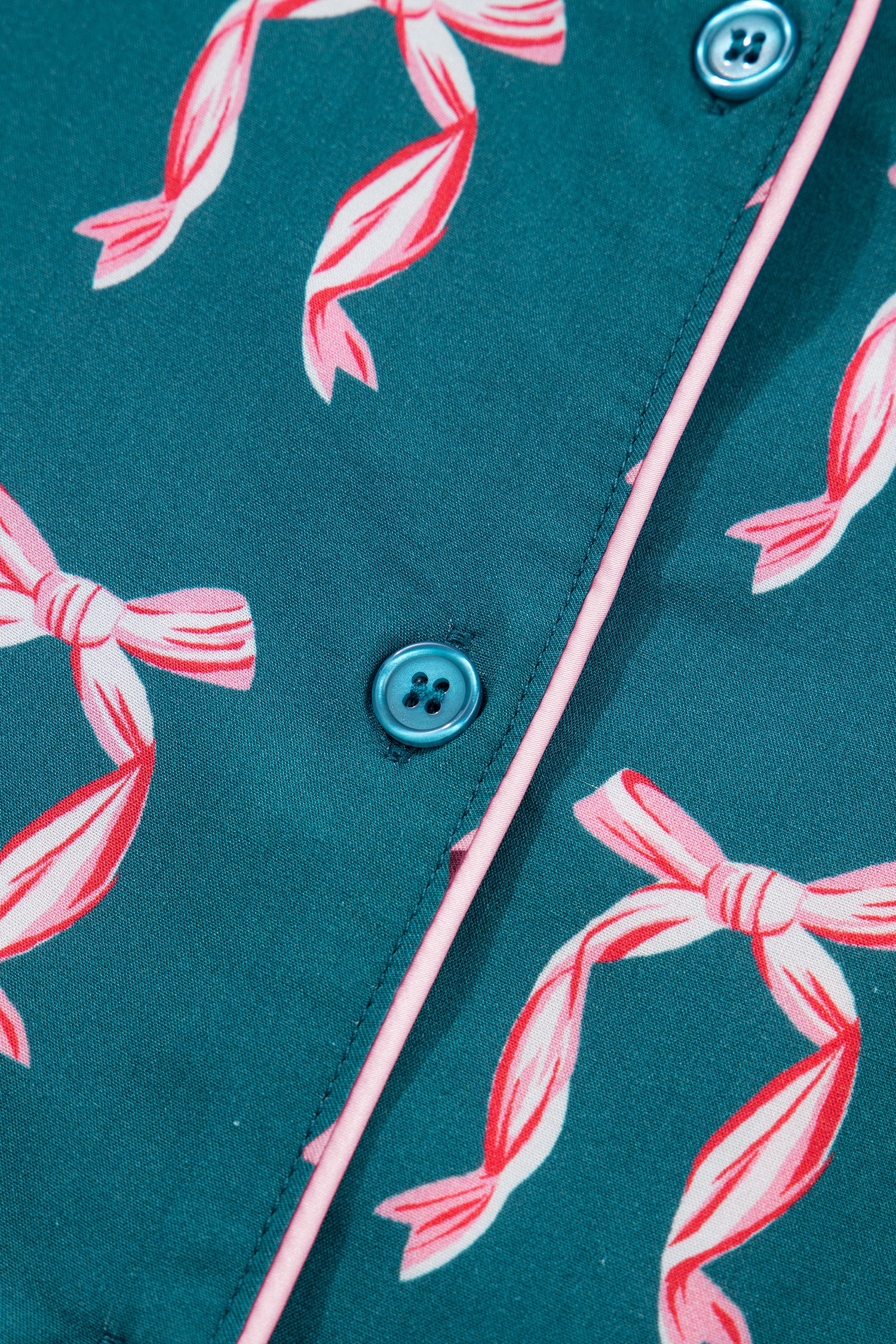 Green Ribbon Bow Print Silky Long Sleeve Shirt and Shorts 2pcs Pajama Set