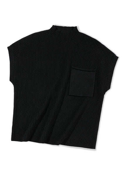 Black Patch Pocket Ribbed Knit Short Sleeve Sweater - L & M Kee, LLC