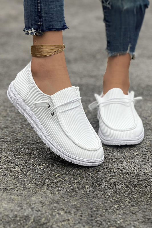 White Ribbed Lace-up Decor Slip On Shoes