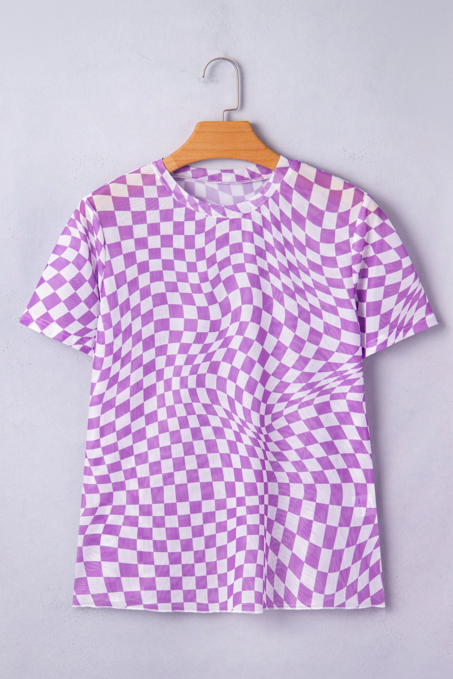 Purple Checkered Print Mock Neck Mesh T Shirt