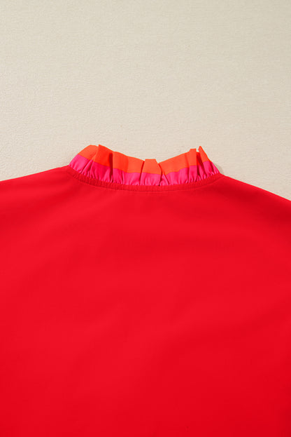 Fiery Red Striped Trim Ruffle Split Neck Long Sleeve Blouse