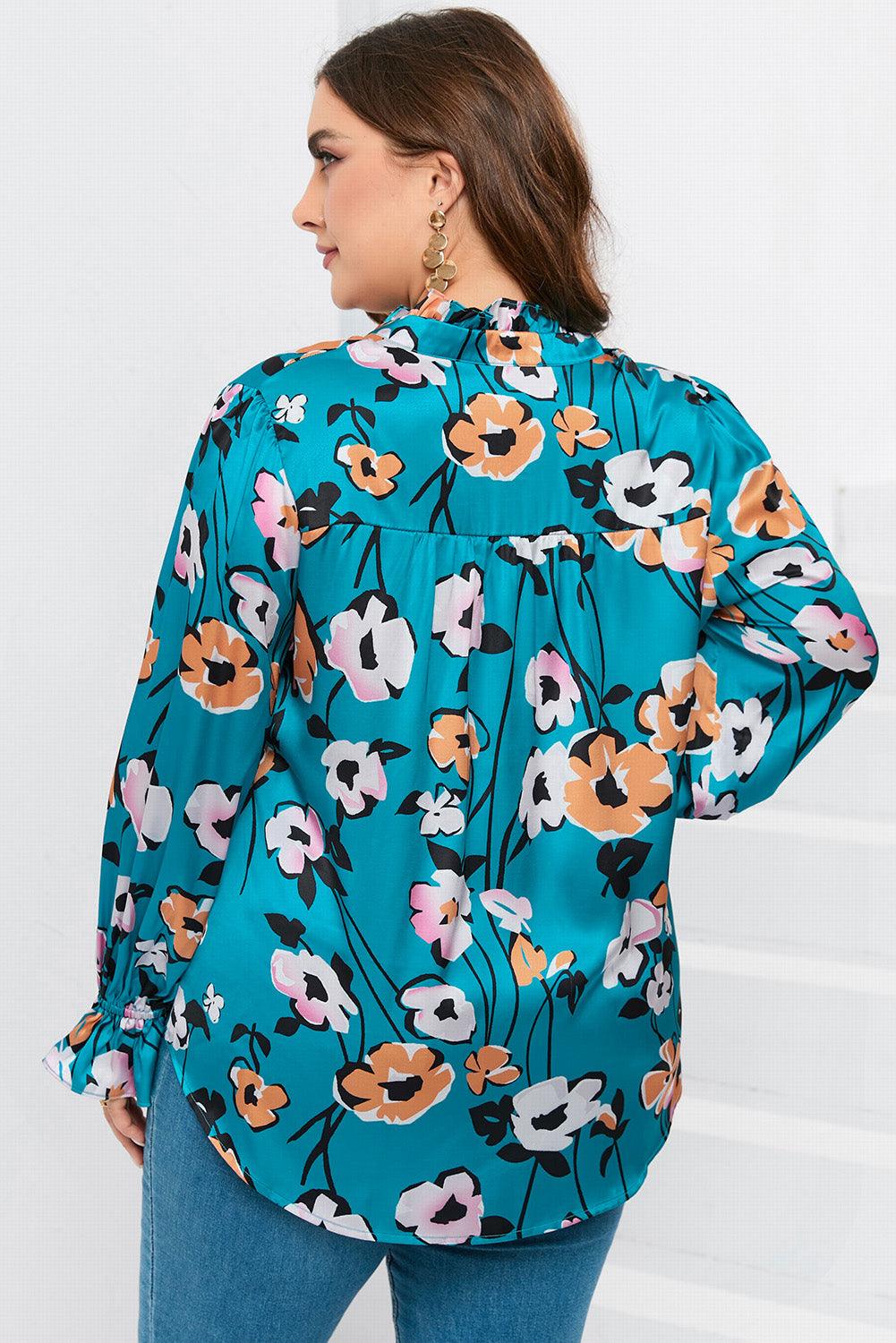 Sky Blue Floral Print V Neck Plus Size Blouse - L & M Kee, LLC