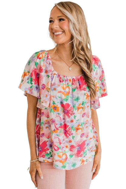 Multicolor Watercolor Floral Square Neck Ruffle Sleeve Blouse