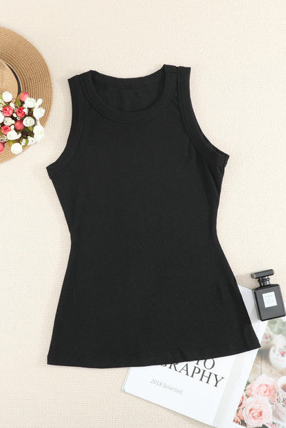 Solid Black Round Neck Ribbed Tank Top - L & M Kee, LLC