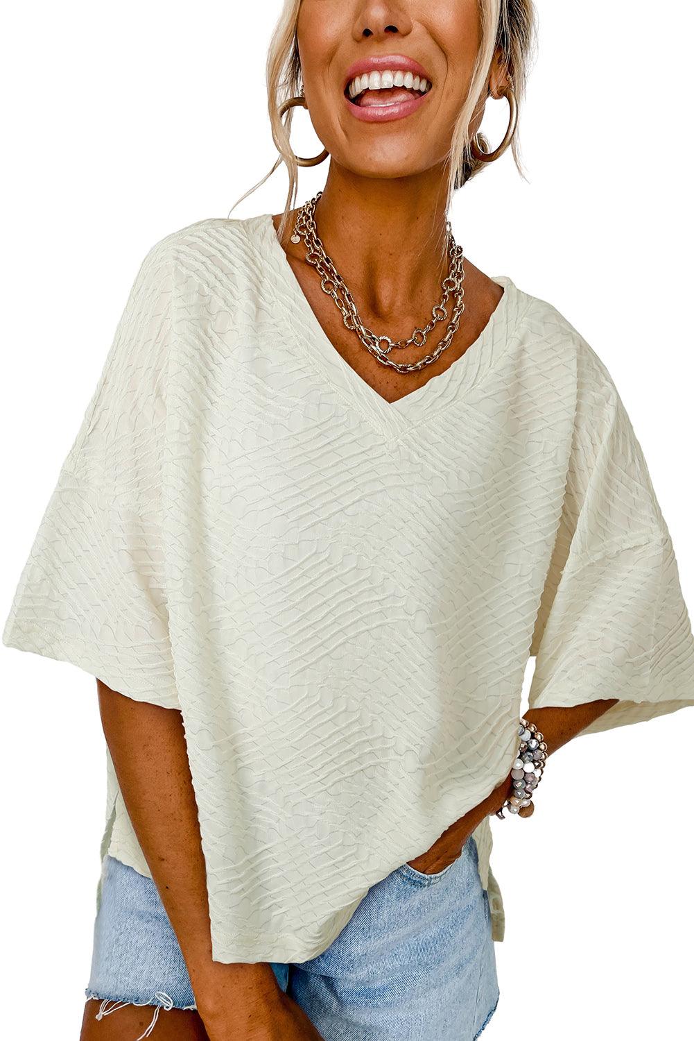 Beige V Neck Textured Split Hem Oversized Top - L & M Kee, LLC