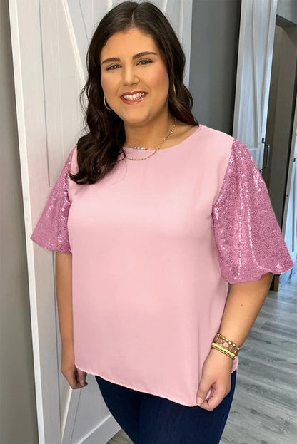 Pink Contrast Sequin Bubble Sleeve Plus Size T-shirt - L & M Kee, LLC