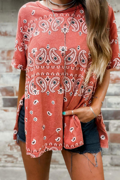 Red Paisley Print Side Slits Crew Neck T Shirt - L & M Kee, LLC