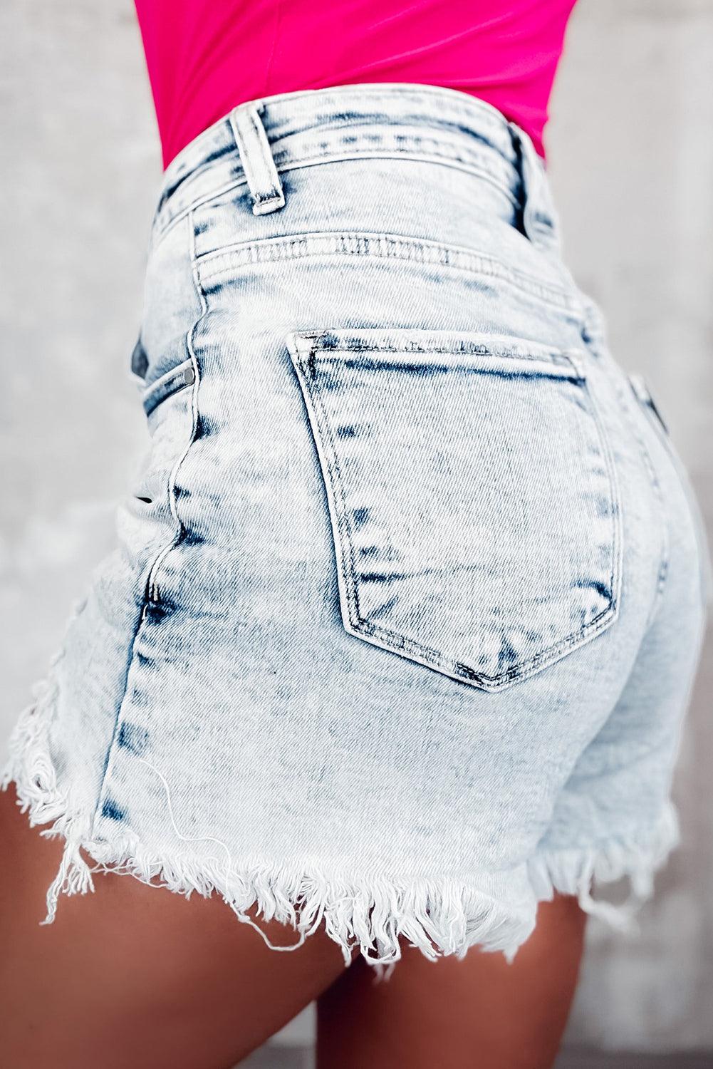 Light Blue Acid Wash Crossed Raw Edge Denim Shorts - L & M Kee, LLC