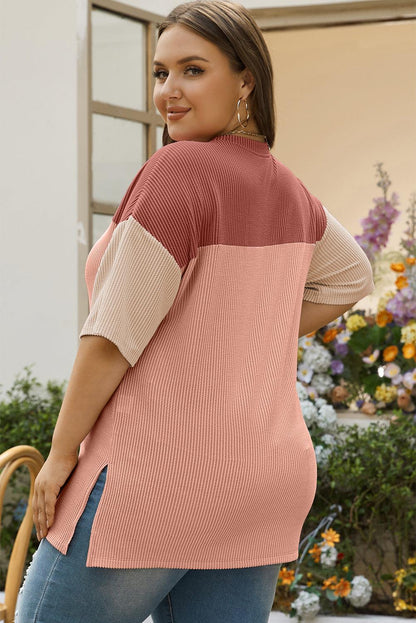 Rose Pink Plus Size Ribbed Colorblock T-shirt - L & M Kee, LLC