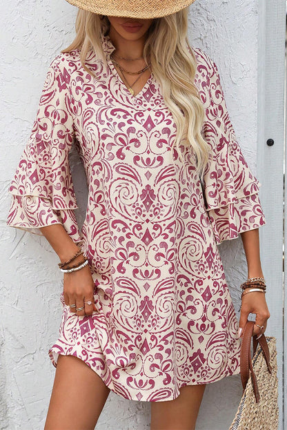 Pink Paisley Print Tiered 3/4 Sleeve Notched Neck Mini Dress