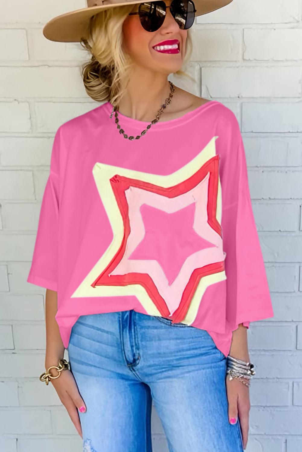 Bonbon Colorblock Star Patched Half Sleeve Oversized Tee - L & M Kee, LLC