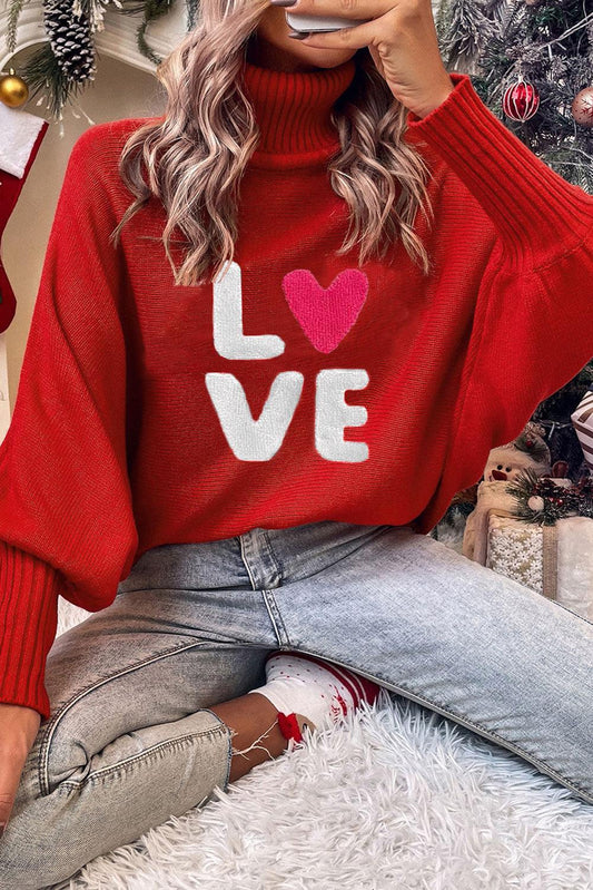 Racing Red Valentine LOVE Letter Embroidered High Neck Sweater - L & M Kee, LLC