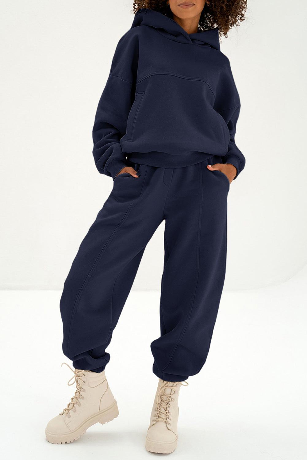 Navy Blue Solid Exposed Seams Hoodie and Joggers Activewear Set