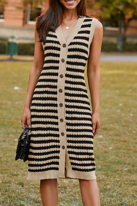 Parchment Buttoned Front Pencil Midi Sleeveless Sweater Dress