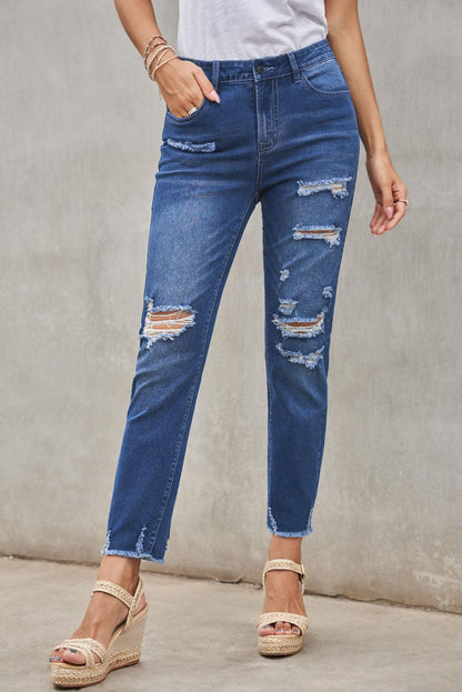 Light Blue Distressed Boyfriend Denim Pants - L & M Kee, LLC