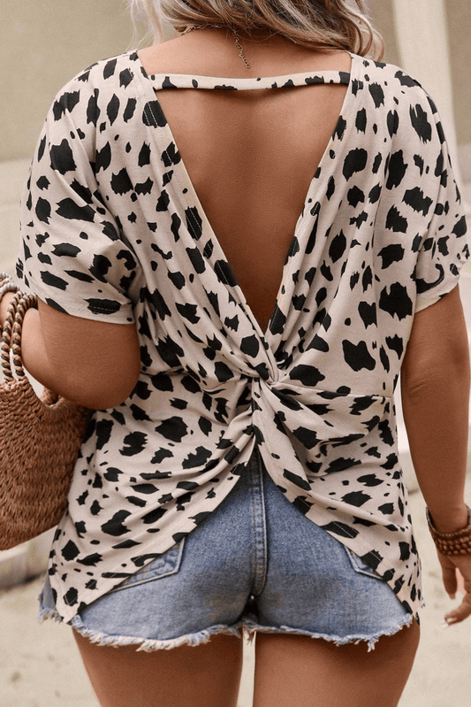 Khaki Leopard Print Twist Open Back Plus Size Top - L & M Kee, LLC