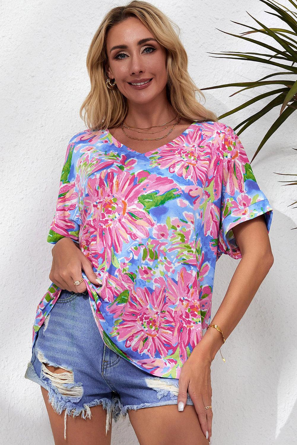 Pink Abstract Floral Print Notch V Neck Rolled Short Sleeve Blouse - L & M Kee, LLC