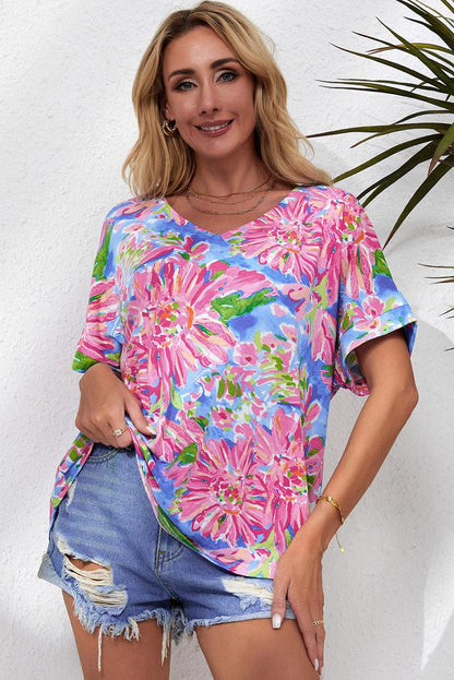 Pink Abstract Floral Print Notch V Neck Rolled Short Sleeve Blouse - L & M Kee, LLC