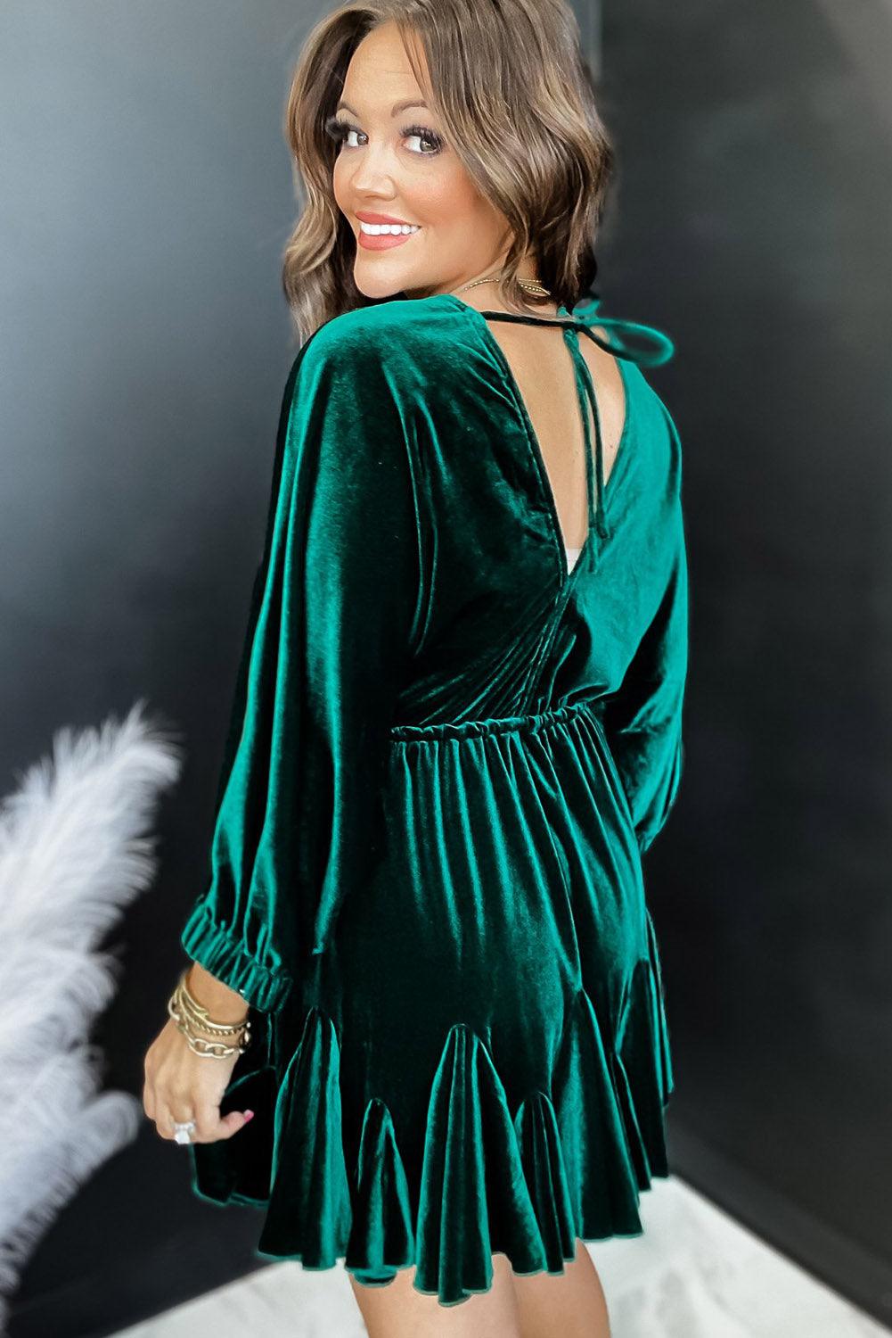 Green V-Neck Bracelet Sleeve Drawstring Ruffled Velvet Dress - L & M Kee, LLC