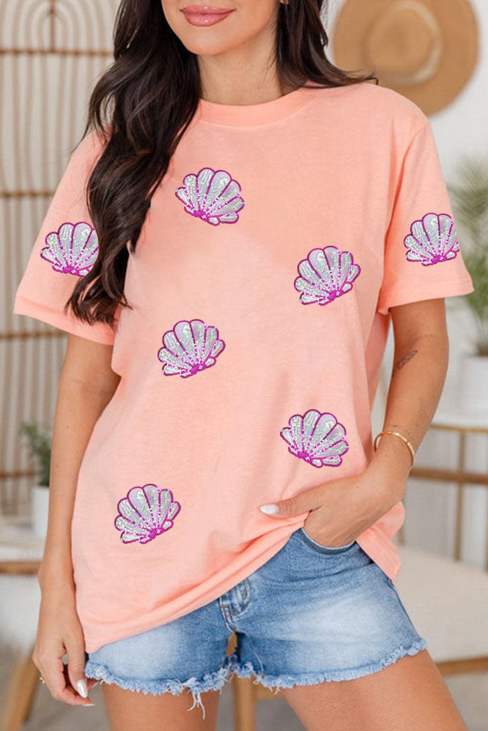 Pink Sequin Shell Graphic Round Neck T Shirt - L & M Kee, LLC