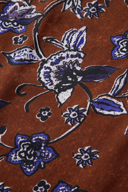 Brown Autumn Floral Print Smocked Cuffs Shift Blouse