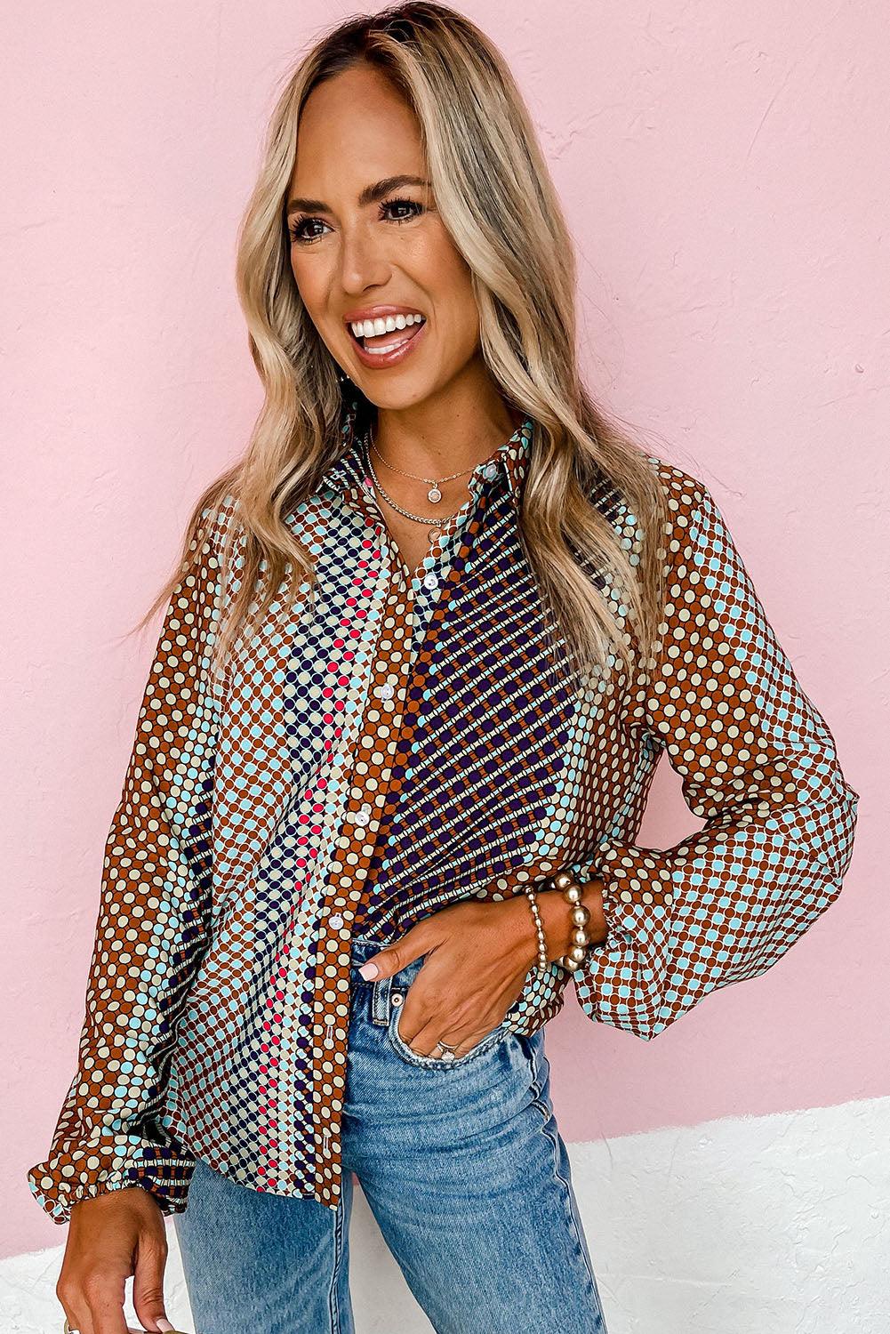 Dot Print Long Sleeve Button Down Shift Shirt - L & M Kee, LLC