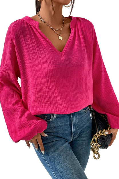 Crinkle Split Neck Puff Sleeve Blouse - L & M Kee, LLC