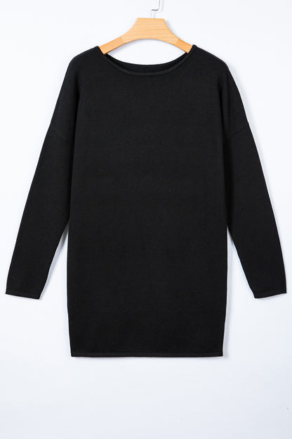 Black Asymmetric Neck Batwing Sleeve Shift Mini Sweater Dress