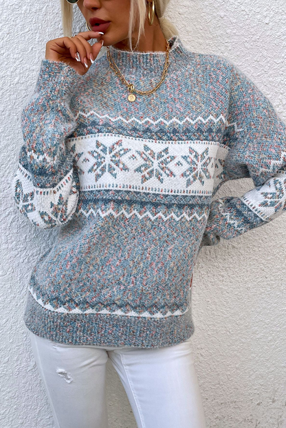 Gray Retro Snowflake Pattern Mock Neck Fuzzy Sweater