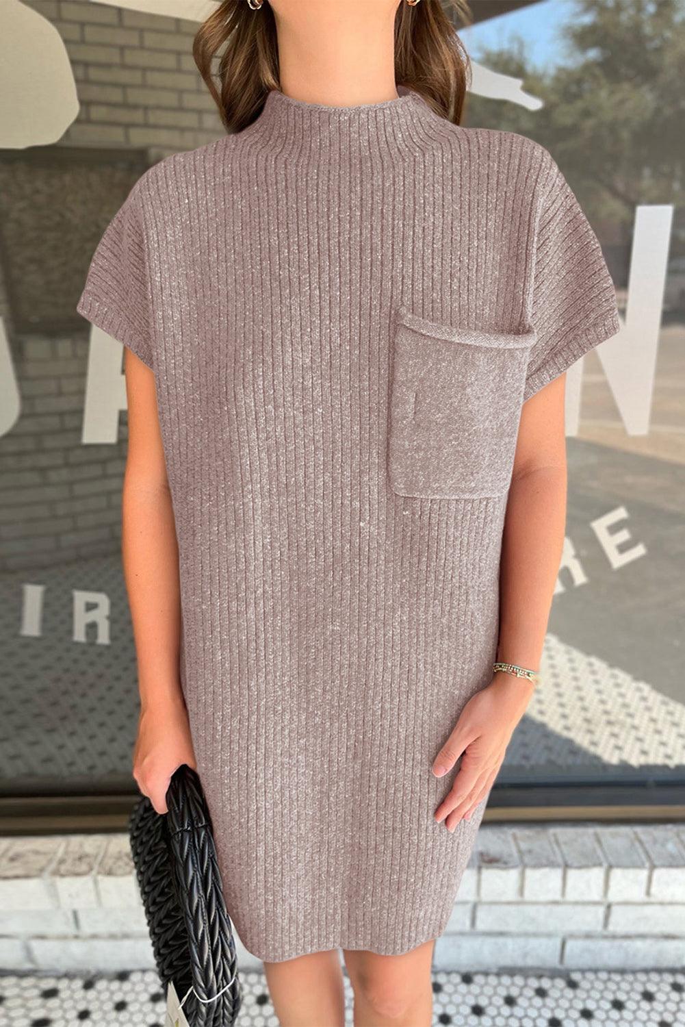 Simply Taupe Patch Pocket Ribbed Knit Short Sleeve Sweater Dress - L & M Kee, LLC