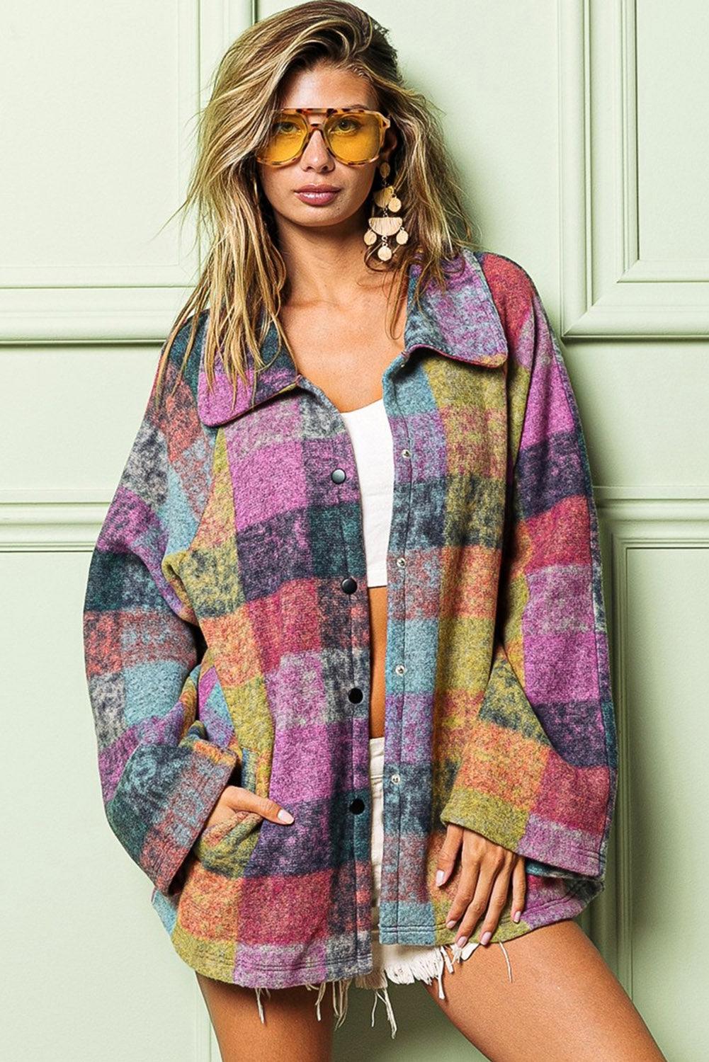 Multicolor Brushed Plaid Pocketed Oversize Shacket - L & M Kee, LLC