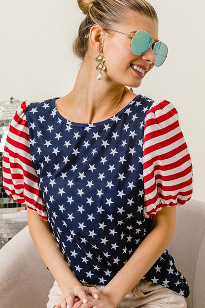 Navy Blue 4th Of July Stars Stripes Puff Sleeve T Shirt - L & M Kee, LLC