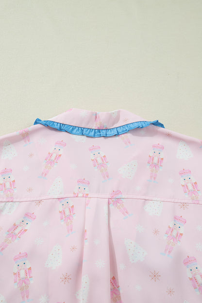 Pink Bow Tie Front Christmas Nutcracker Long Sleeve Shirt Shorts Pajama Set