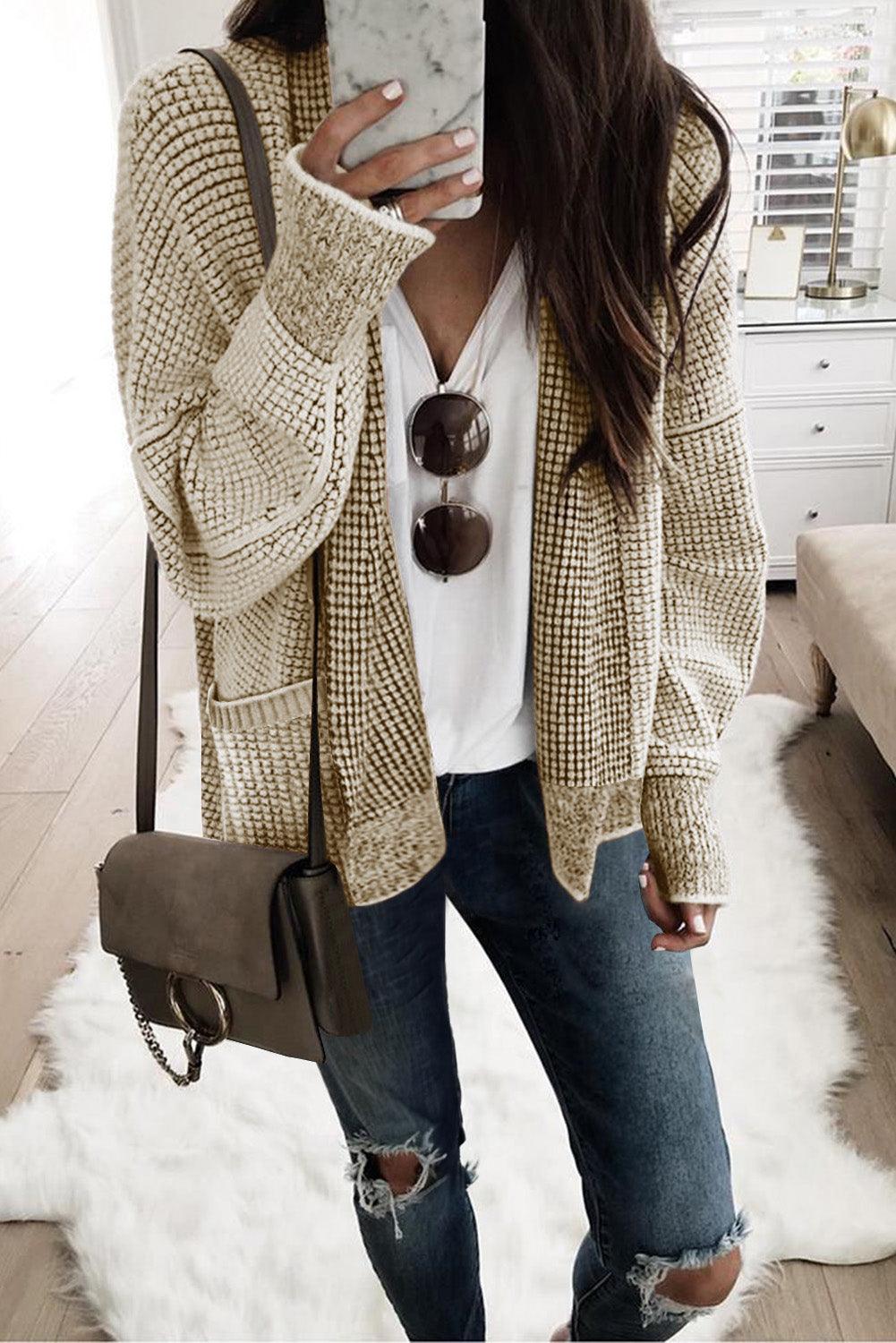 Apricot Chunky Waffle Knit Oversized Collar Cardigan - L & M Kee, LLC