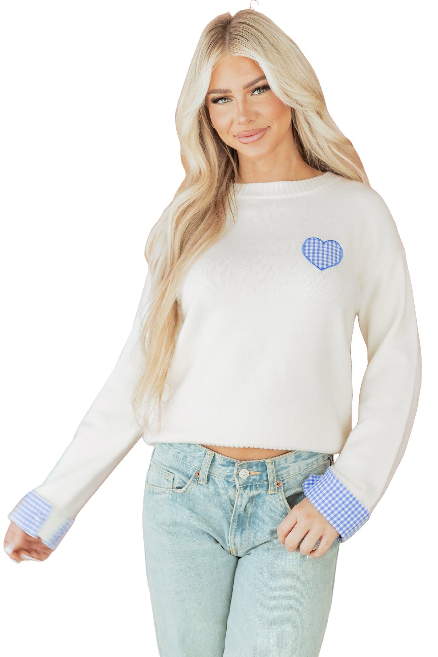 White Plaid Heart Embroidered Cuffed Drop Shoulder Crew Neck Sweater