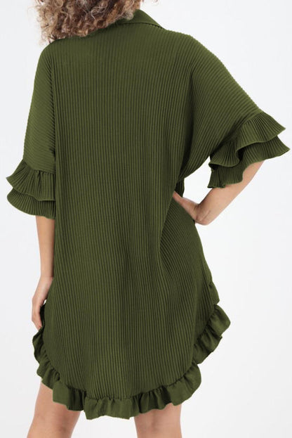 Moss Green High-low Hem Ruffle Sleeve Pleated Shirt Dress - L & M Kee, LLC