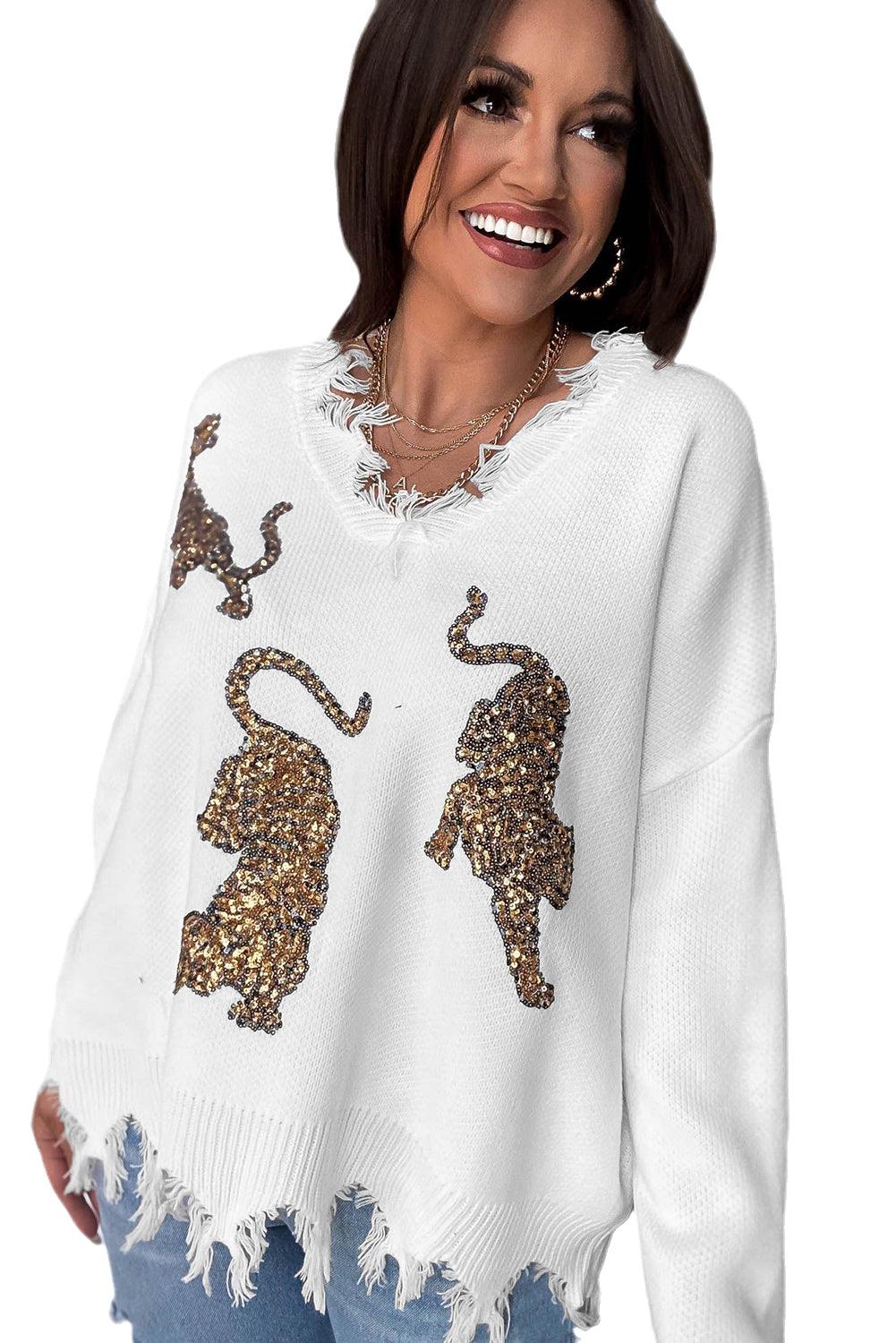 White Frayed Sequin Tiger Sweater - L & M Kee, LLC