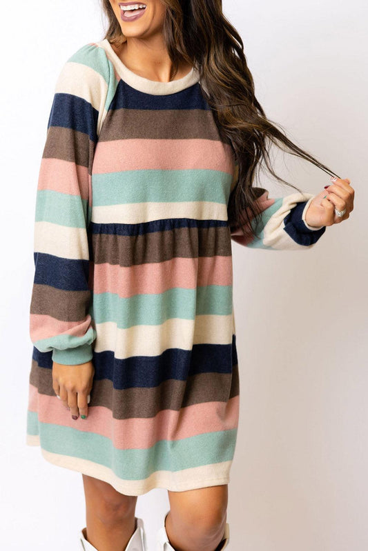 Multicolor Striped Color Block Long Sleeve Mini Dress - L & M Kee, LLC