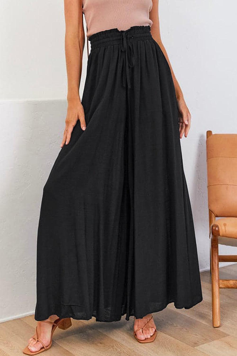 Black Drawstring Smocked High Waist Wide Leg Pants - L & M Kee, LLC