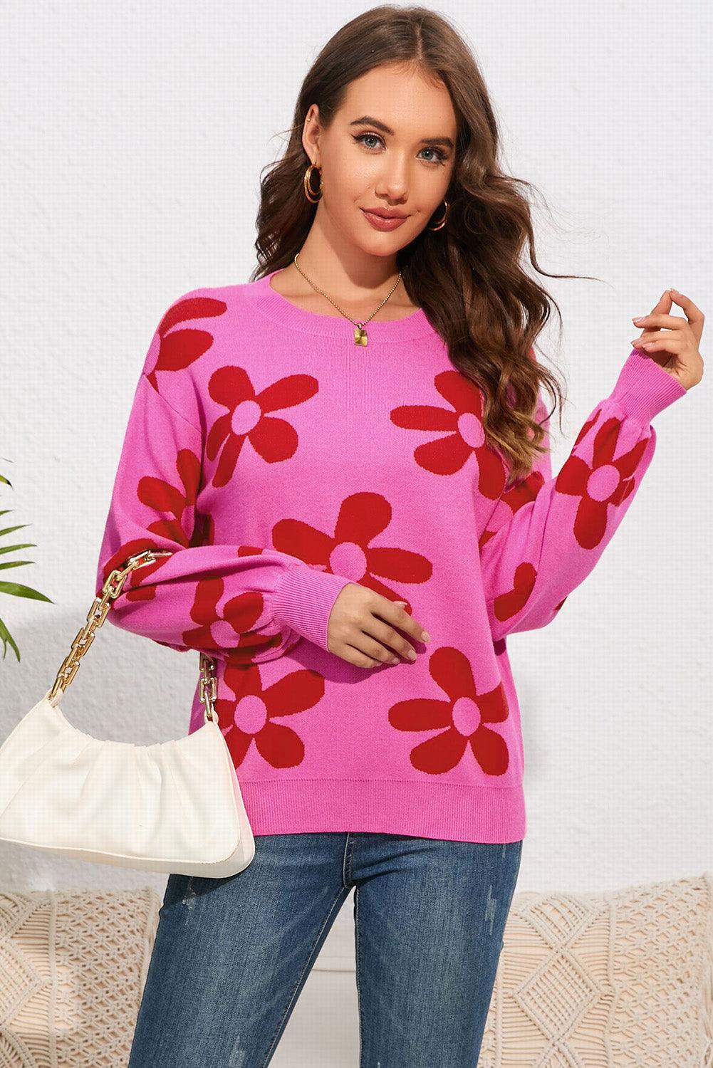 Rose Big Flower Knit Ribbed Trim Sweater - L & M Kee, LLC