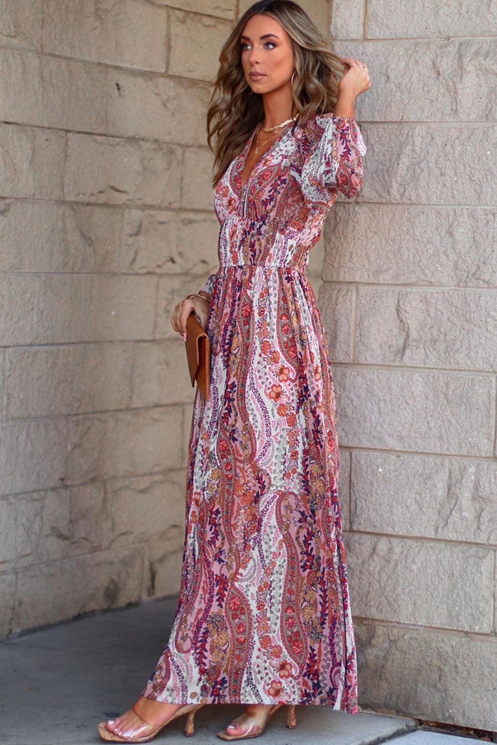 Multicolour Boho Paisley Print V Neck Empire Waist Maxi Dress - L & M Kee, LLC