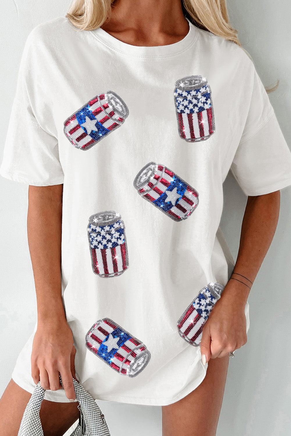 White Sequin American Flag Can Oversized Graphic Tee - L & M Kee, LLC